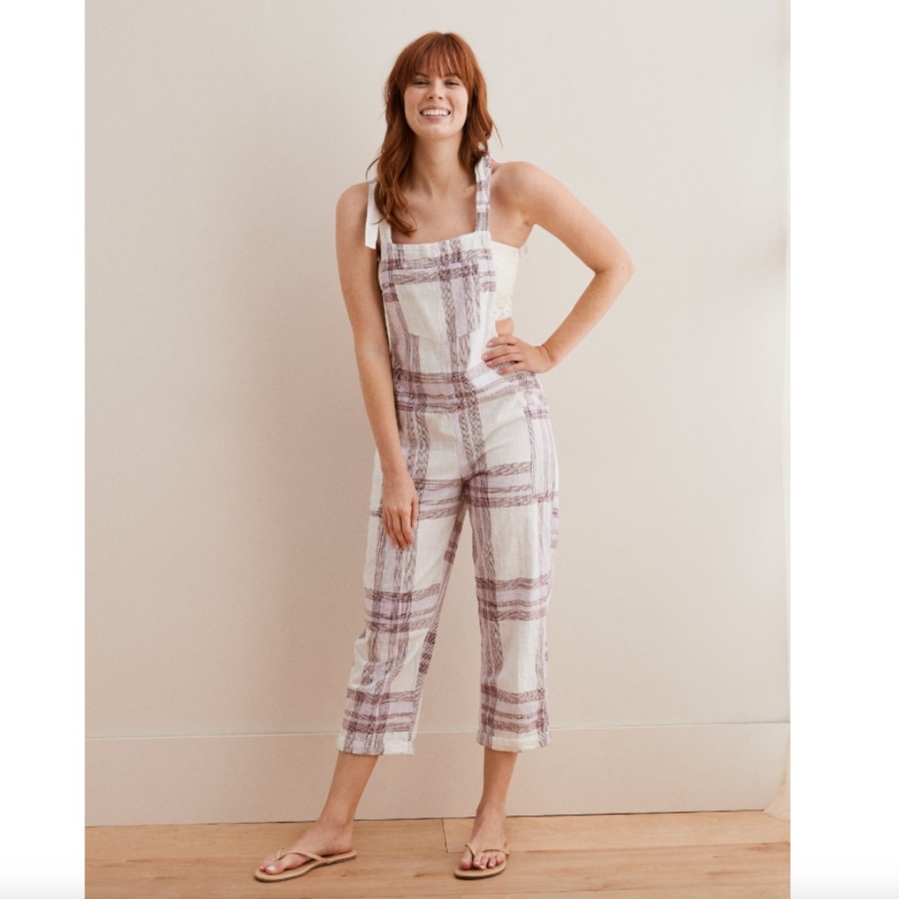 Aerie M Plaid Tie Shoulder Overall Jumpsuit